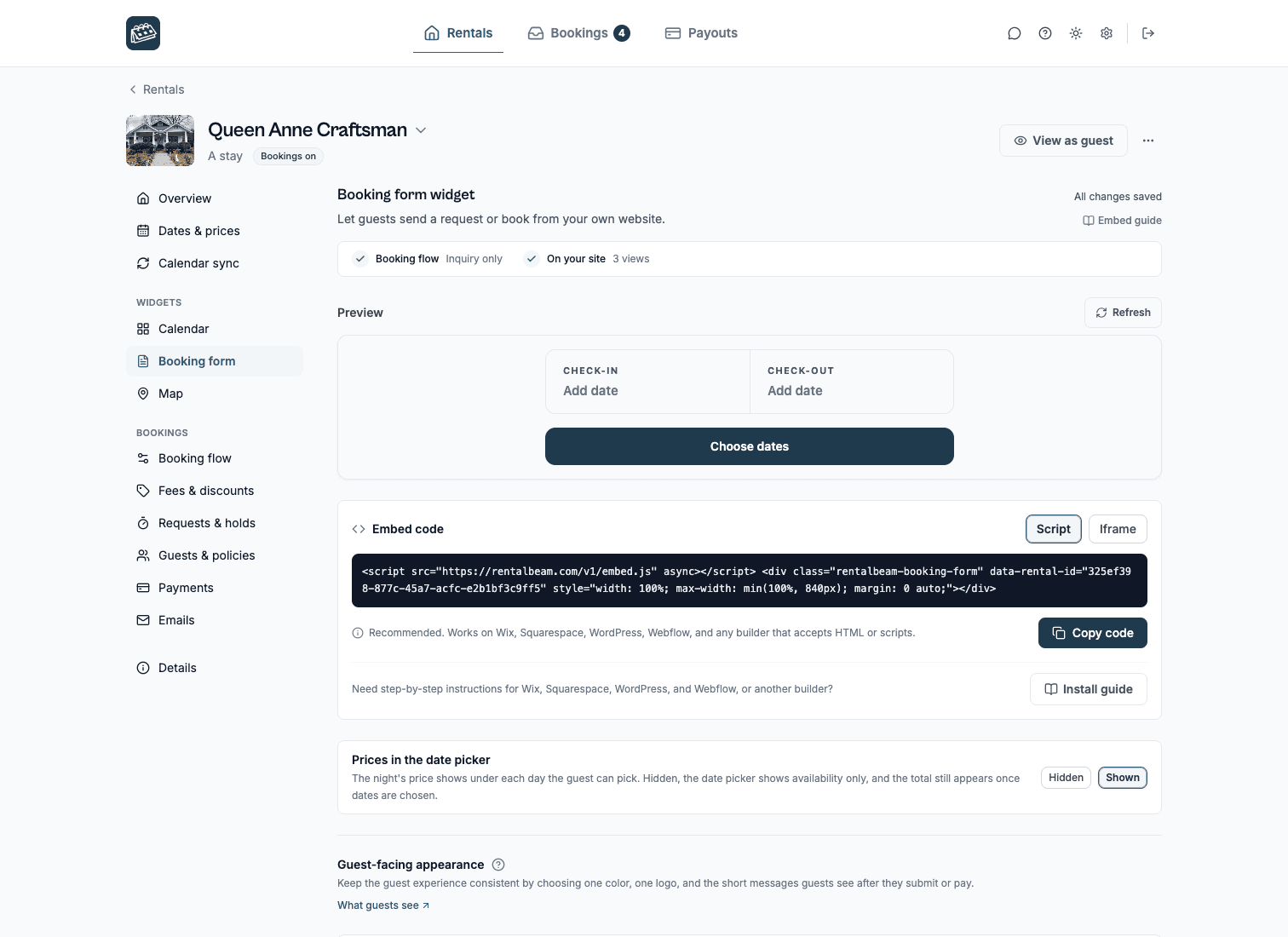 A rental's Booking form widget section: the live form preview with its embed code beneath