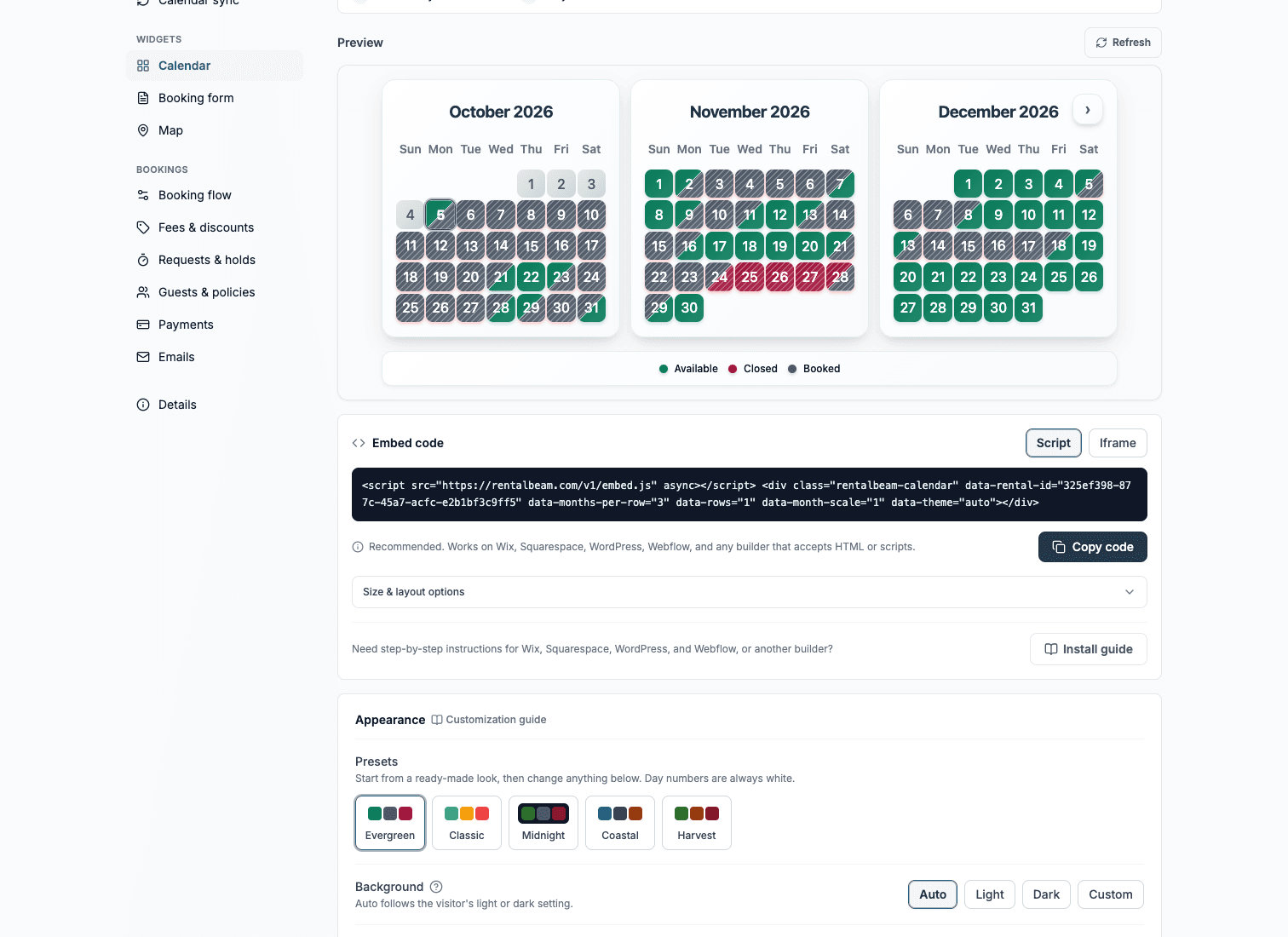 A rental's Calendar widget section: a live three-month preview, its embed code, and the color presets below