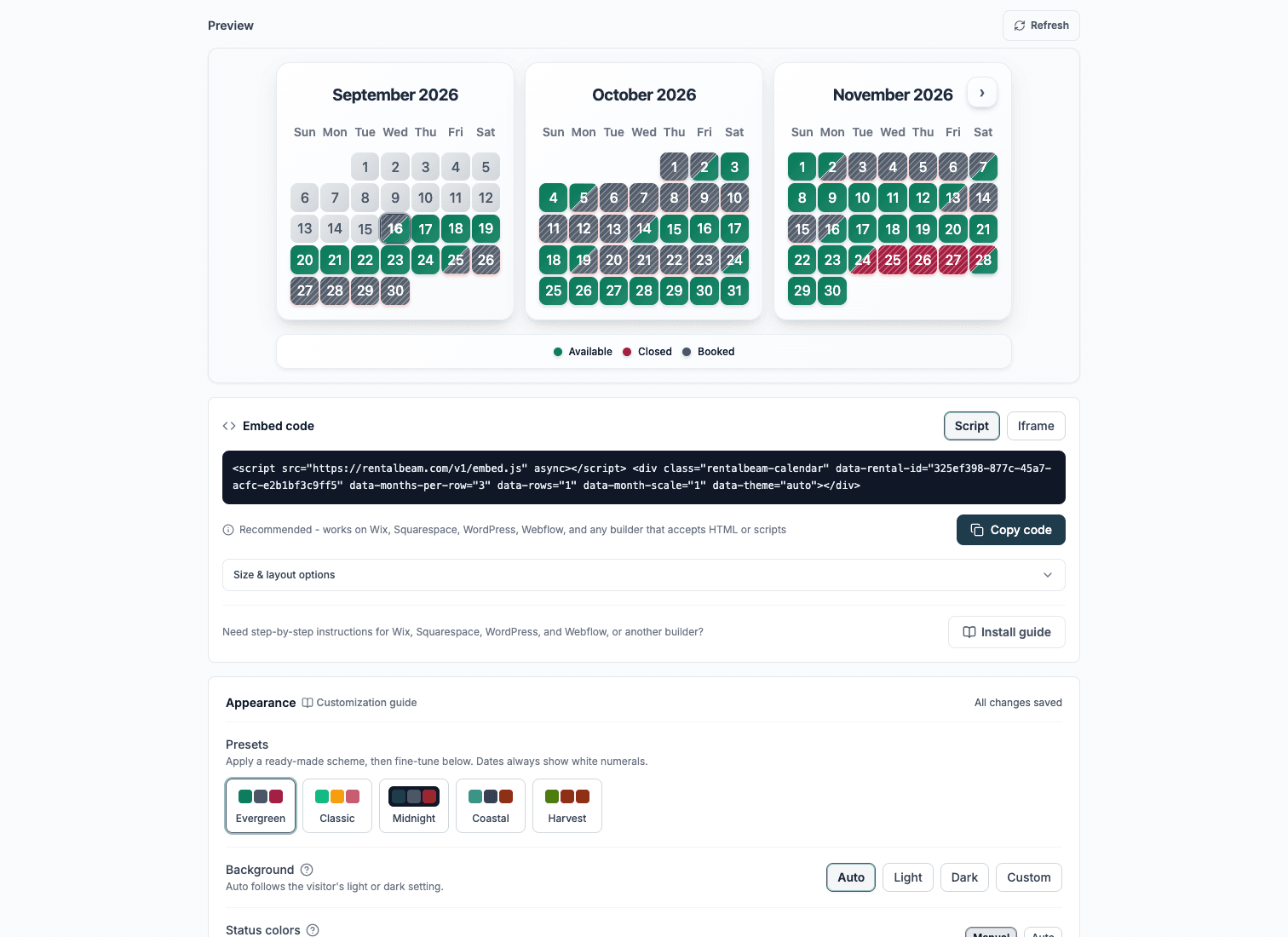 The Widgets tab calendar builder: a live three-month preview beside the color presets and appearance controls