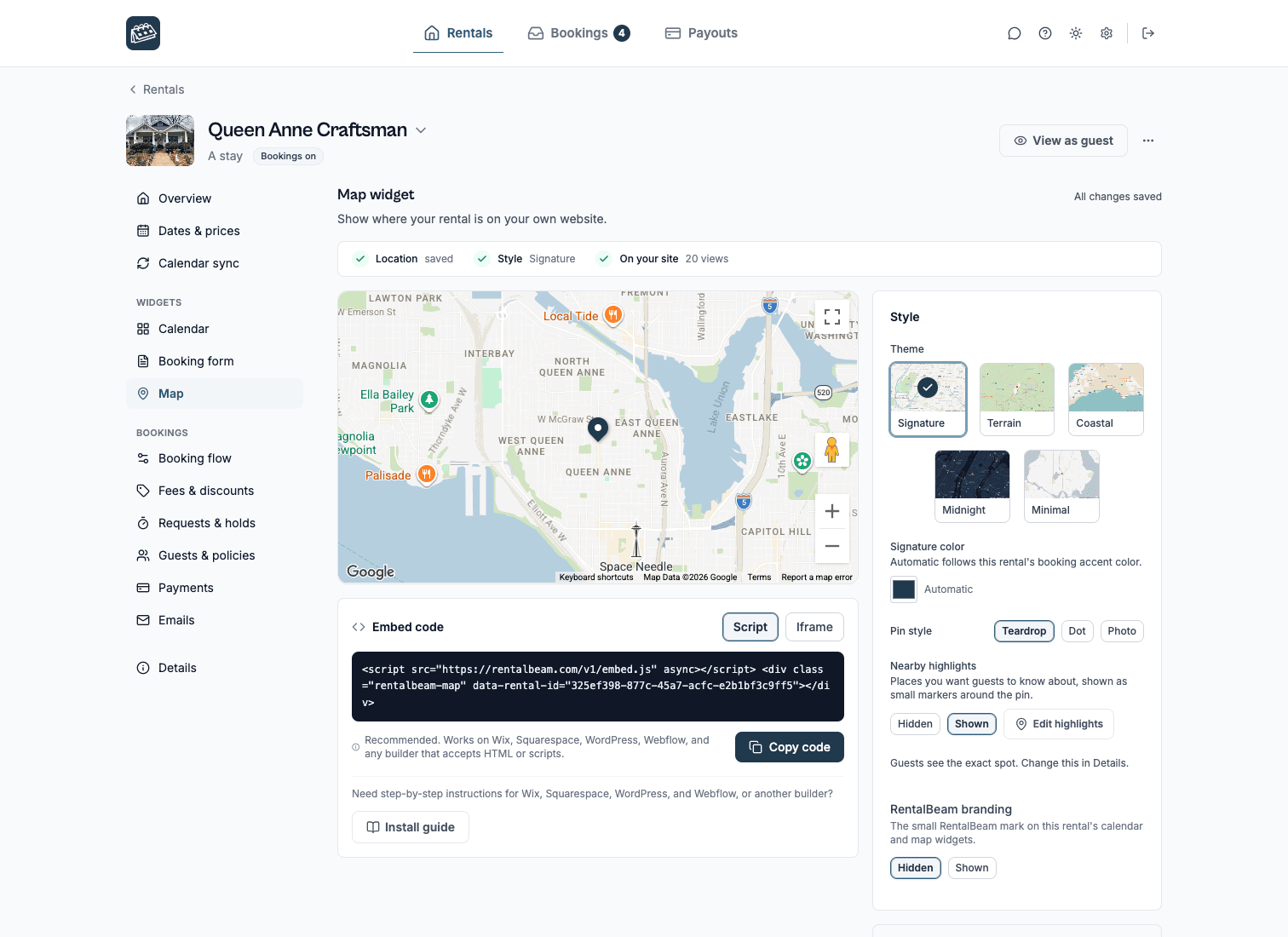 A rental's Map section: the styled map preview with the five theme choices