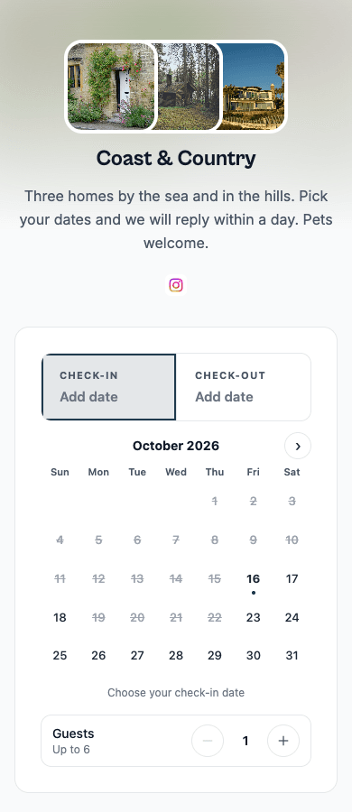 A collection's link page on a phone: three rental photos side by side, the collection name and description, an Instagram icon, then the booking form with its calendar open