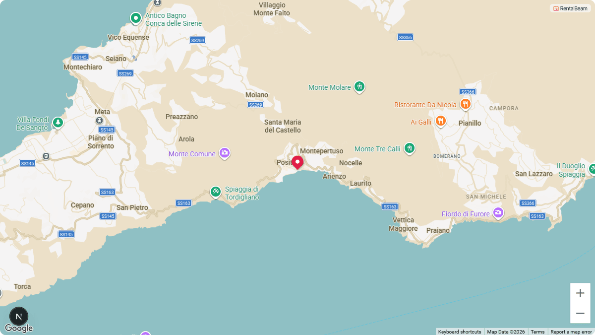 Coastal map theme: a rental location pin on a light map