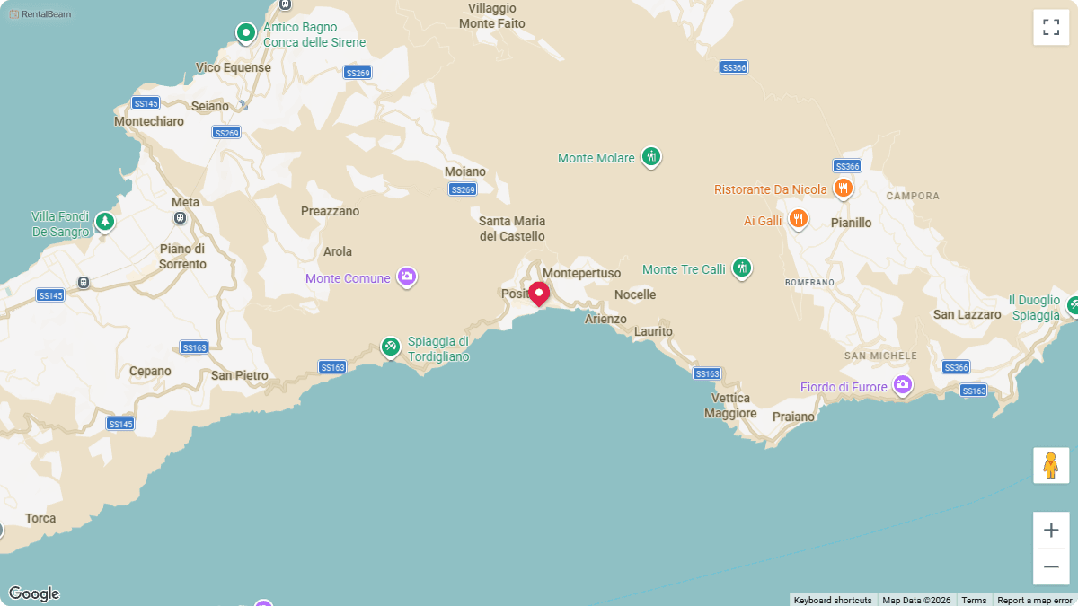 Coastal map theme: a rental location pin on a light map