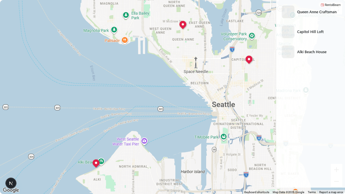 RentalBeam collection map showing several rental pins beside a synced list of the rentals