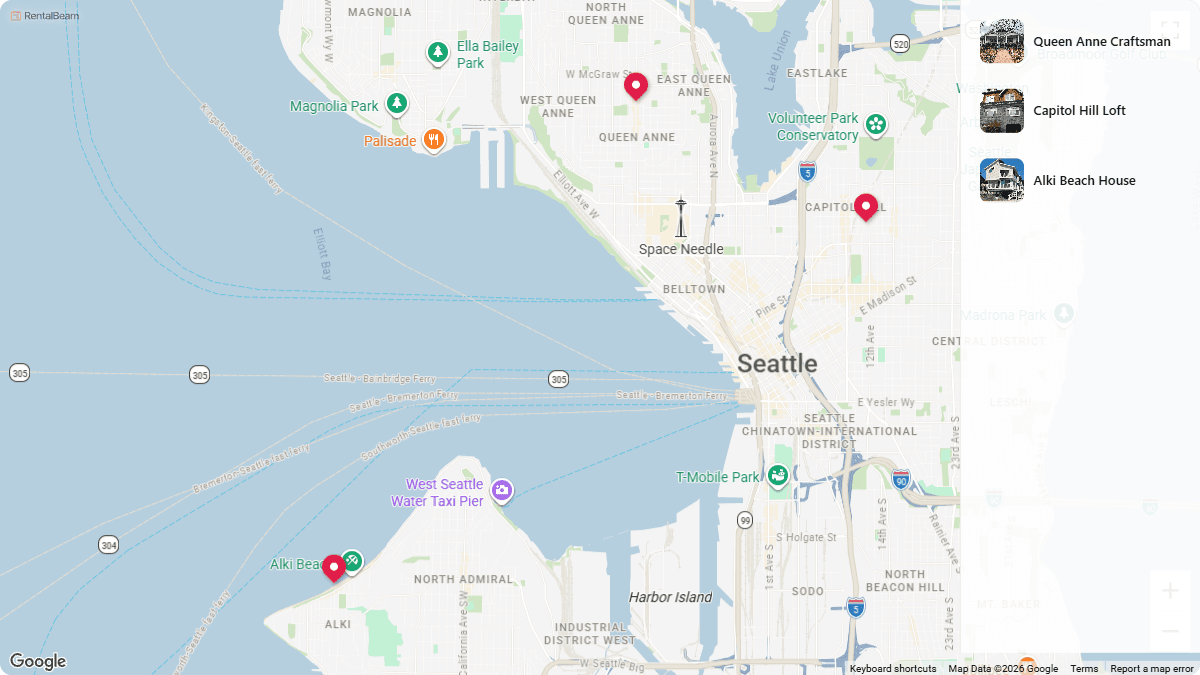 RentalBeam collection map showing several rental pins beside a synced list of the rentals