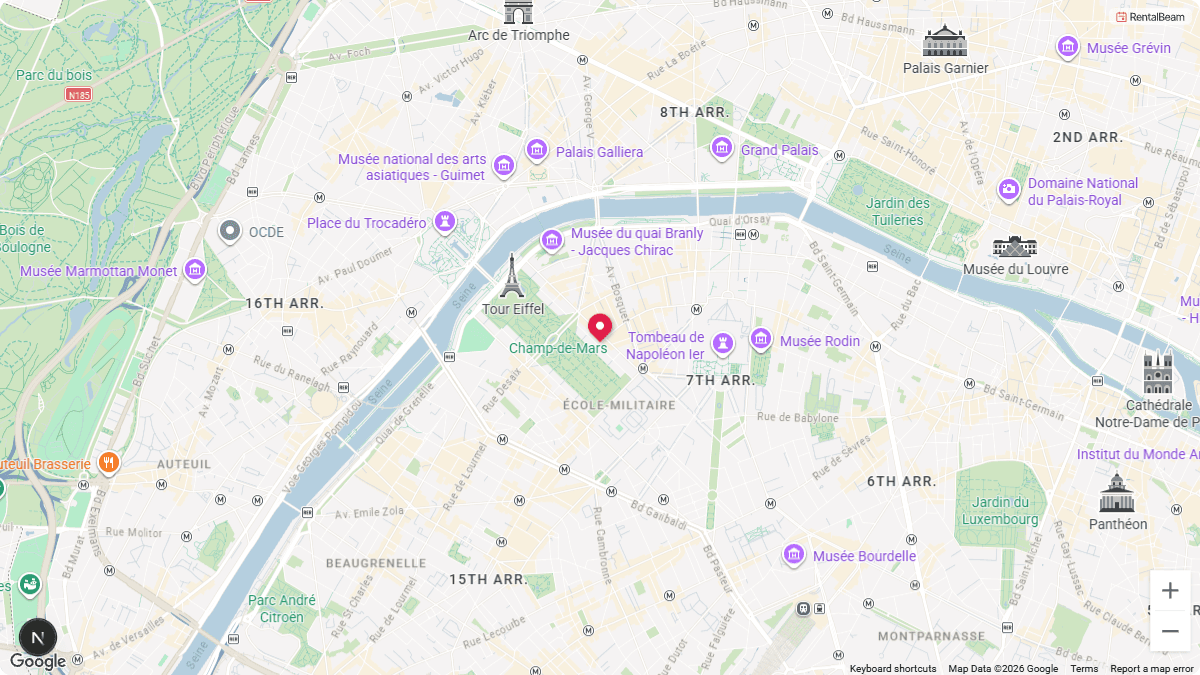 RentalBeam map widget showing a rental's location with a brand-colored pin on the Signature map theme