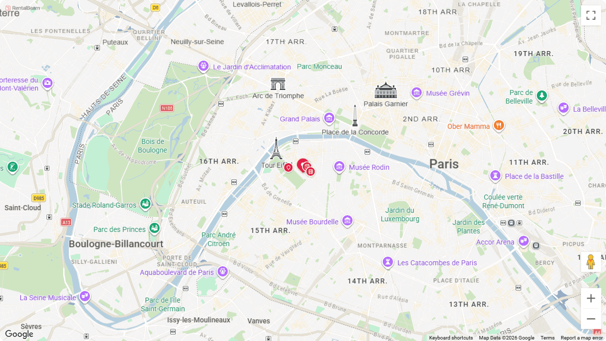 RentalBeam map widget showing a rental's location with a brand-colored pin on the Signature map theme