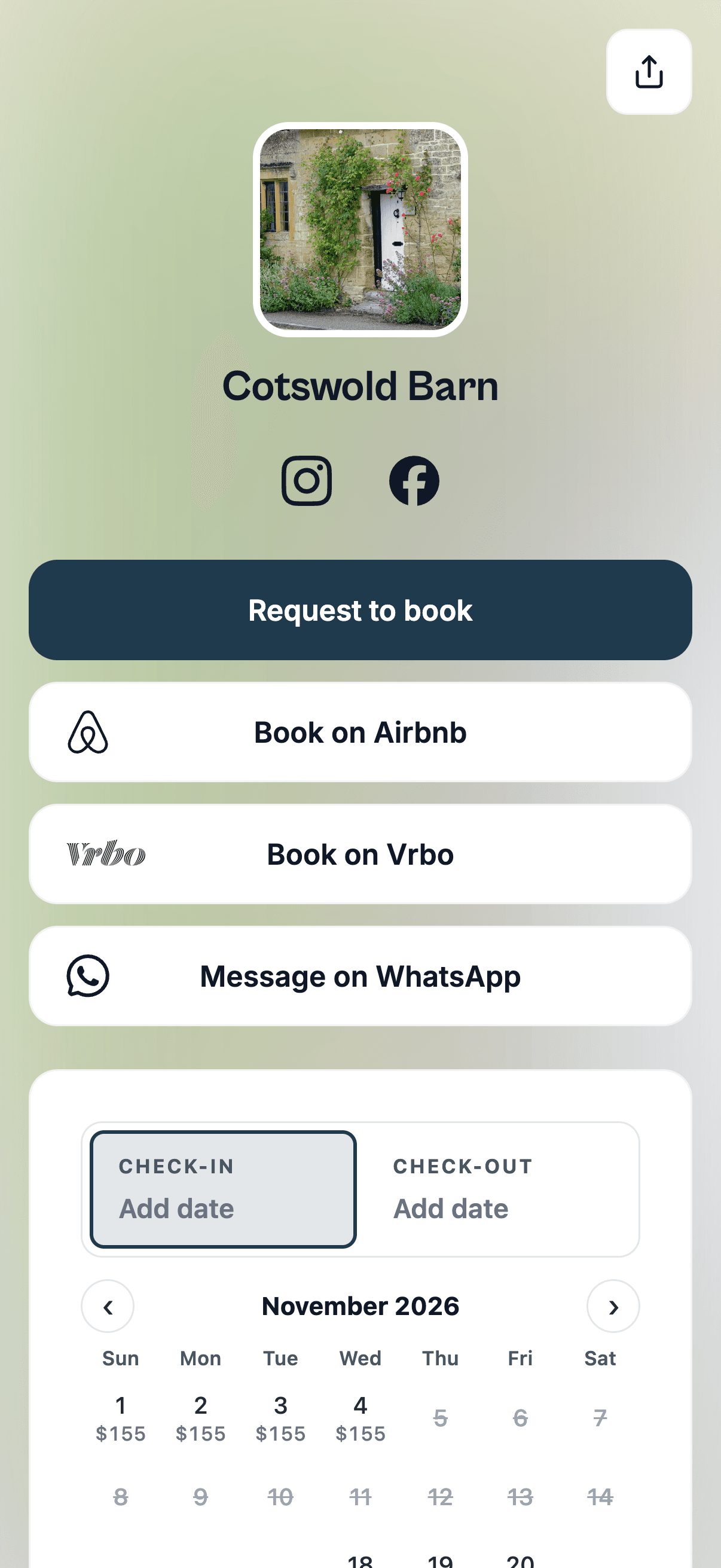 A rental's link page on a phone, in its photo's colors: the photo, name, Instagram and Facebook icons, a Request to book button over Airbnb, Vrbo and WhatsApp buttons, and the booking calendar with the price under each free day