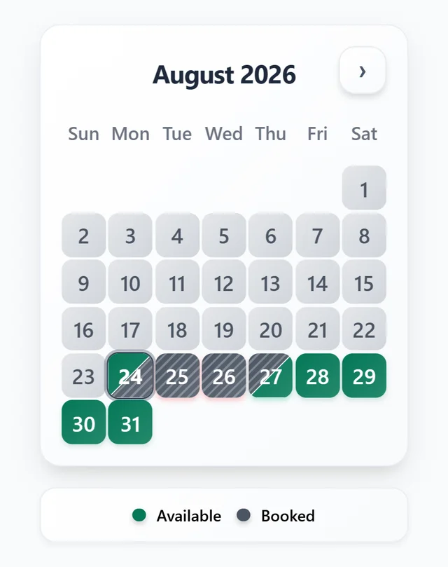 RentalBeam availability calendar widget showing one month with available and booked dates