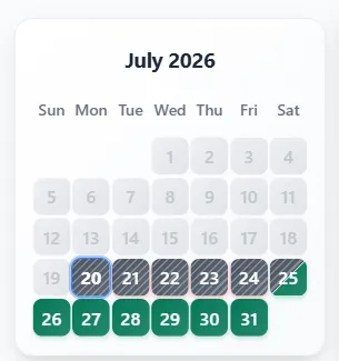 RentalBeam availability calendar widget showing one month with available and booked dates