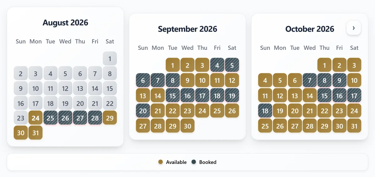 RentalBeam availability calendar widget showing three months of synced availability