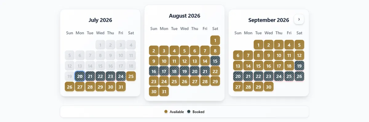 RentalBeam availability calendar widget showing three months of synced availability