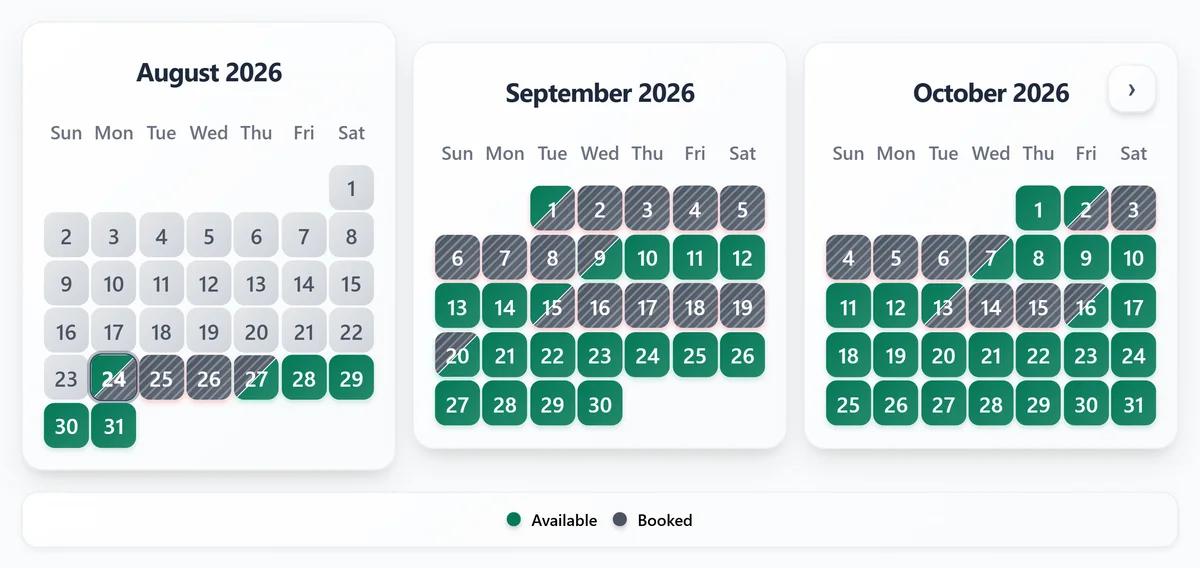RentalBeam availability calendar widget showing three months of live availability, with available dates in color and booked dates crosshatched