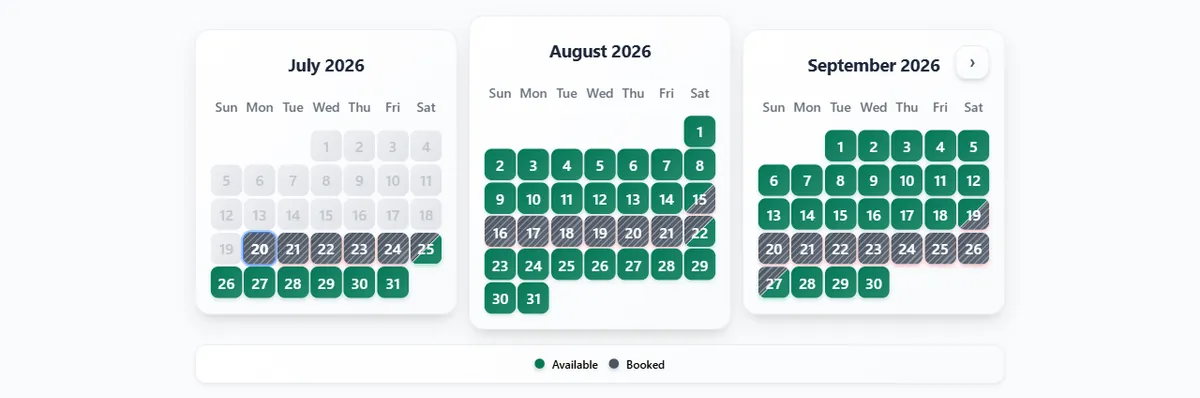 RentalBeam availability calendar widget showing three months of live availability, with available dates in color and booked dates crosshatched