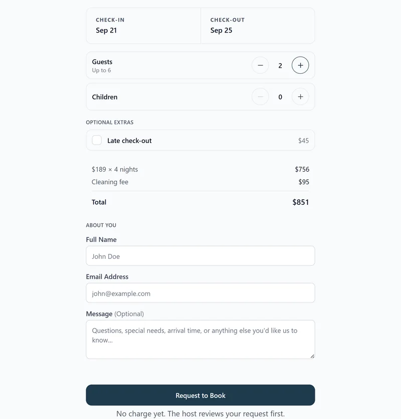 RentalBeam direct booking widget showing selected check-in and checkout dates, nightly pricing, and the guest request form