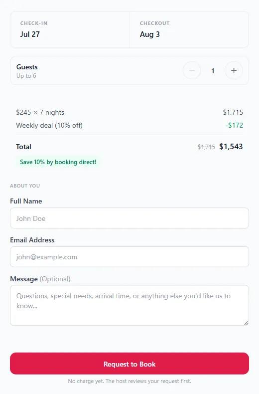 RentalBeam direct booking widget showing selected check-in and checkout dates, nightly pricing, and the guest request form