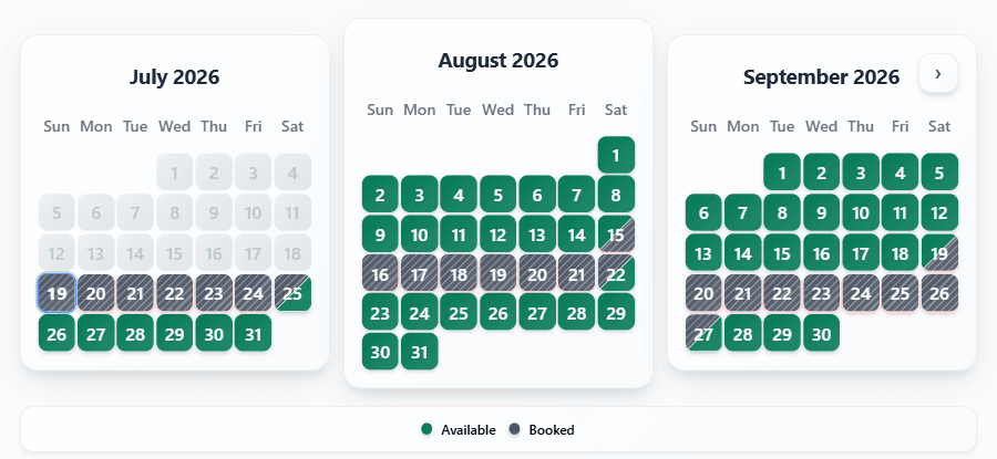RentalBeam synced availability calendar used as the foundation for direct bookings