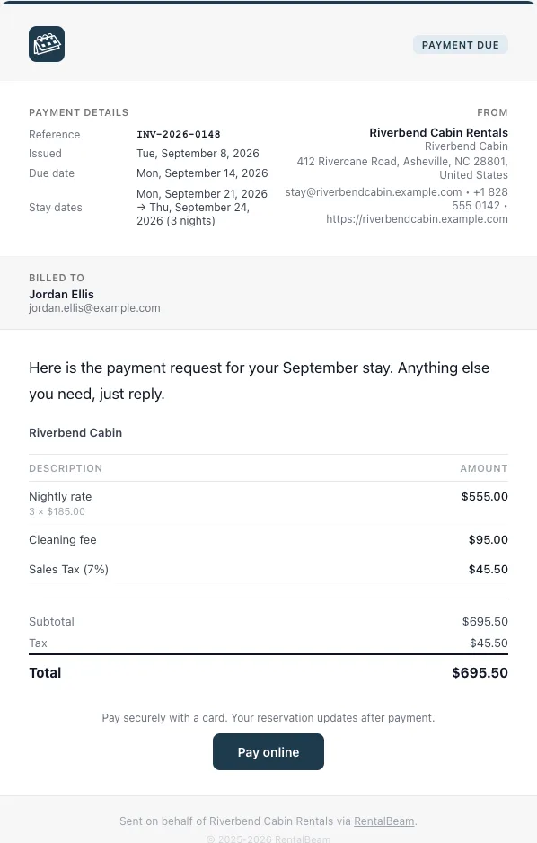A payment request email with the amount, the due date, the rental dates, the host business details, and one "Pay online" button.