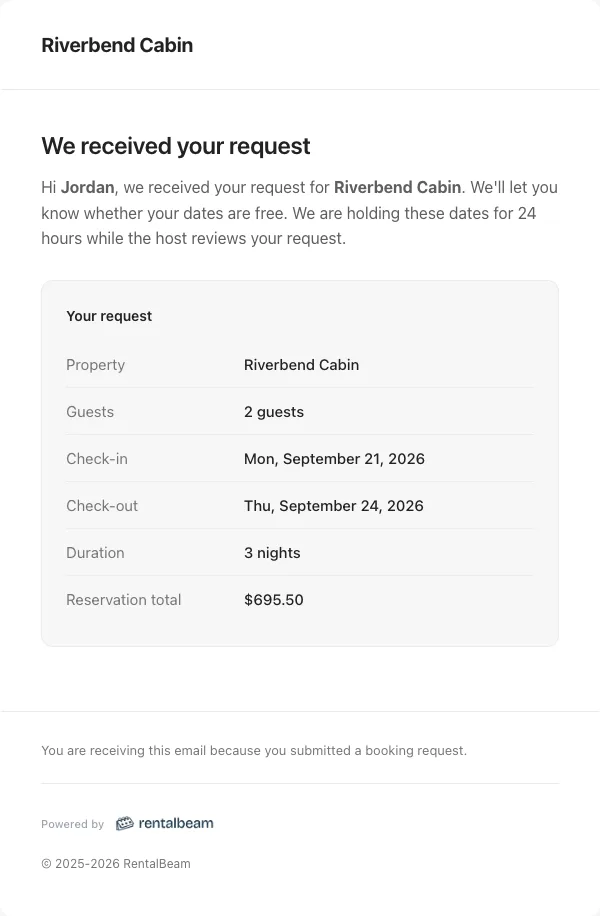 A RentalBeam request received email as a guest sees it, with the stay dates, the total, and what happens next