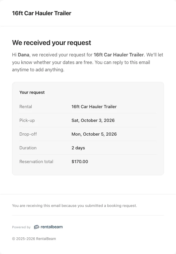 The "We received your request" email for a trailer rental: pick-up, drop-off, 2 days, and the total, with no guest count.