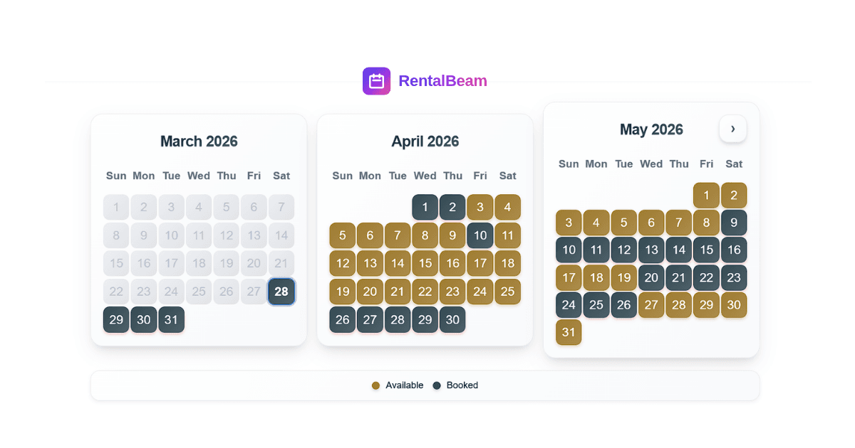 RentalBeam availability calendar preview on a website