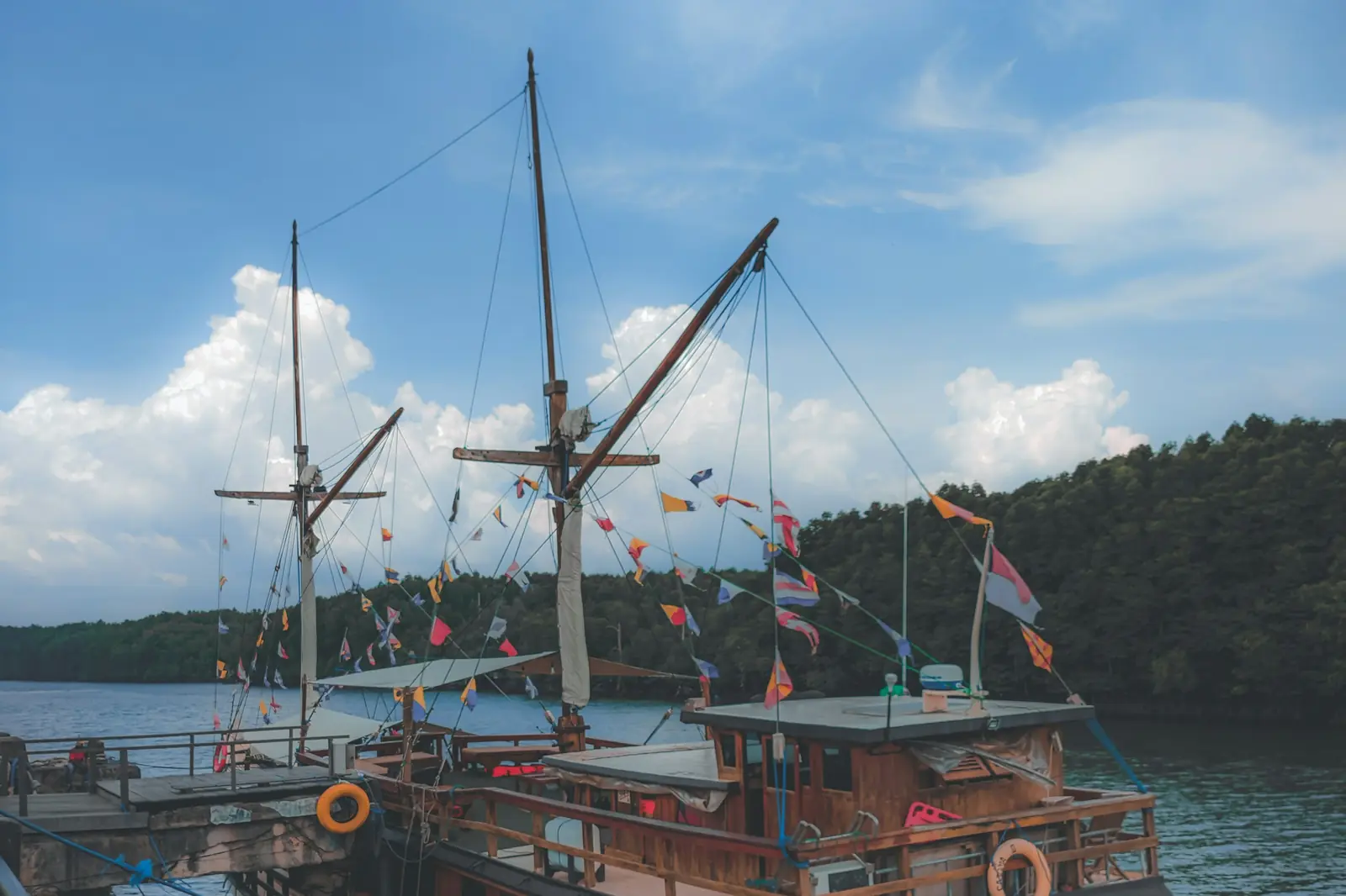 Boats moored along a marina dock