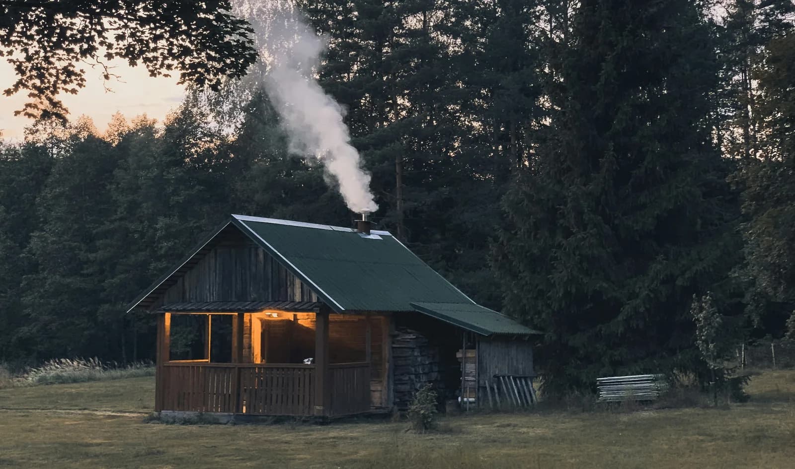A wooden cabin surrounded by forest