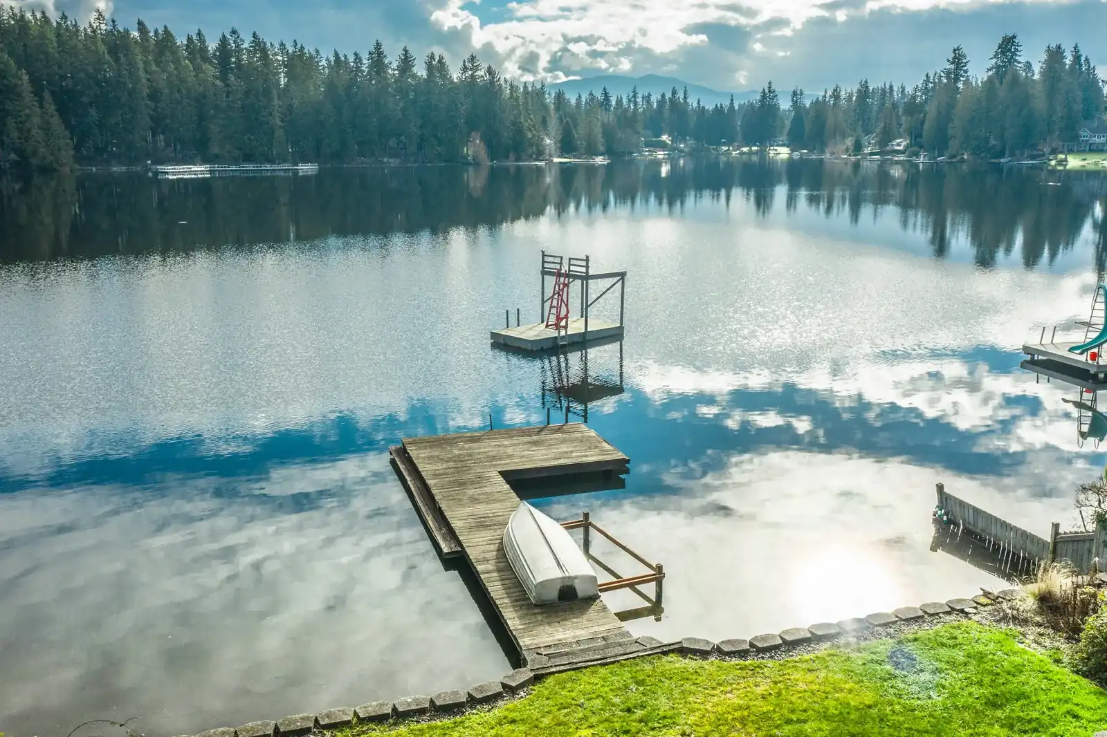A lake house with a dock on calm water