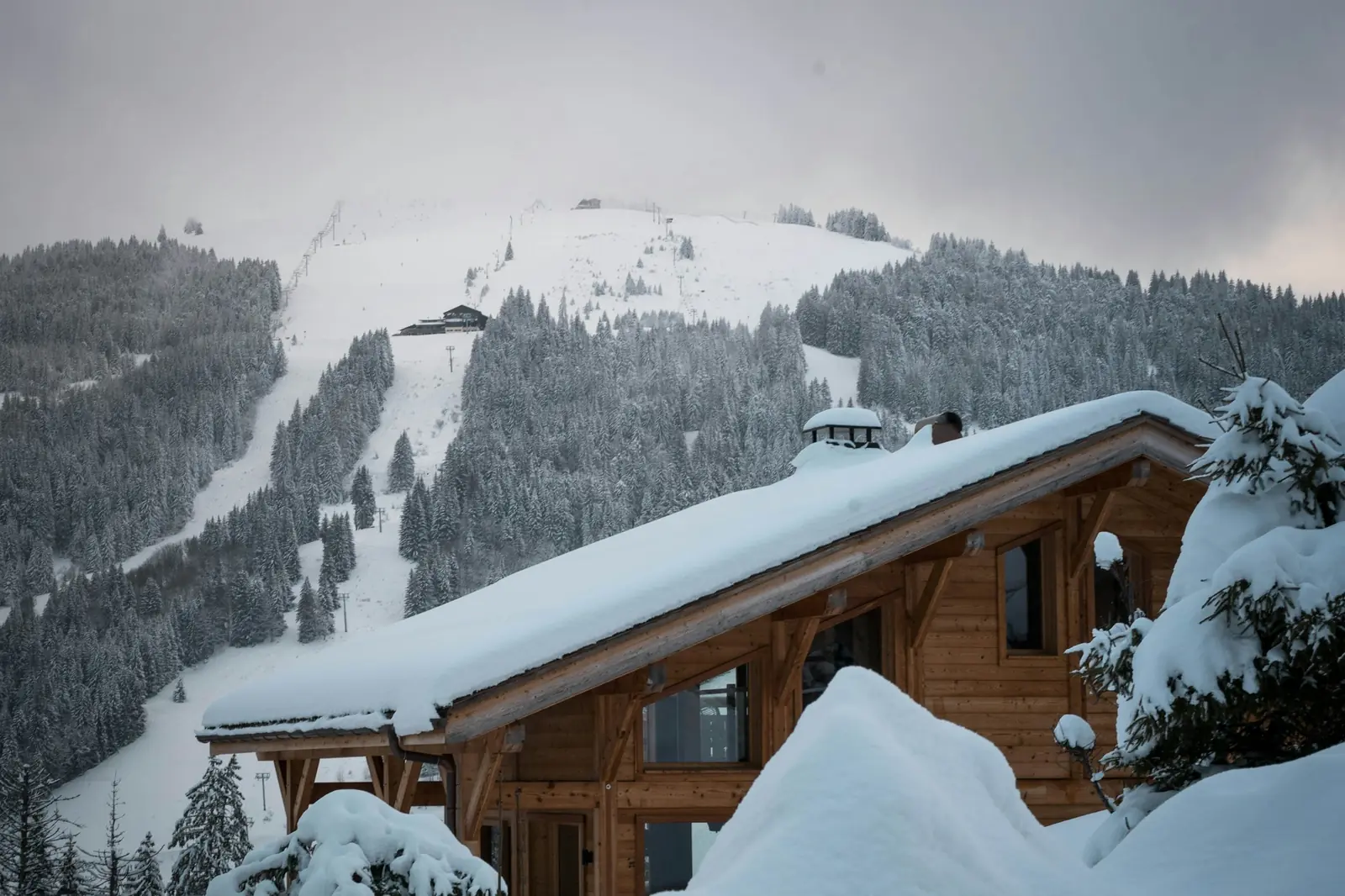 A ski chalet in a snowy mountain setting